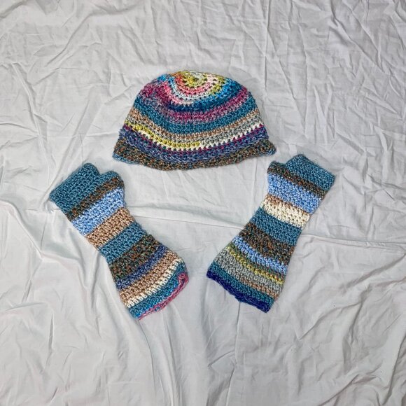 Homemade Crocheted Colorful Mittens and Winter Cap - Picture 2 of 2